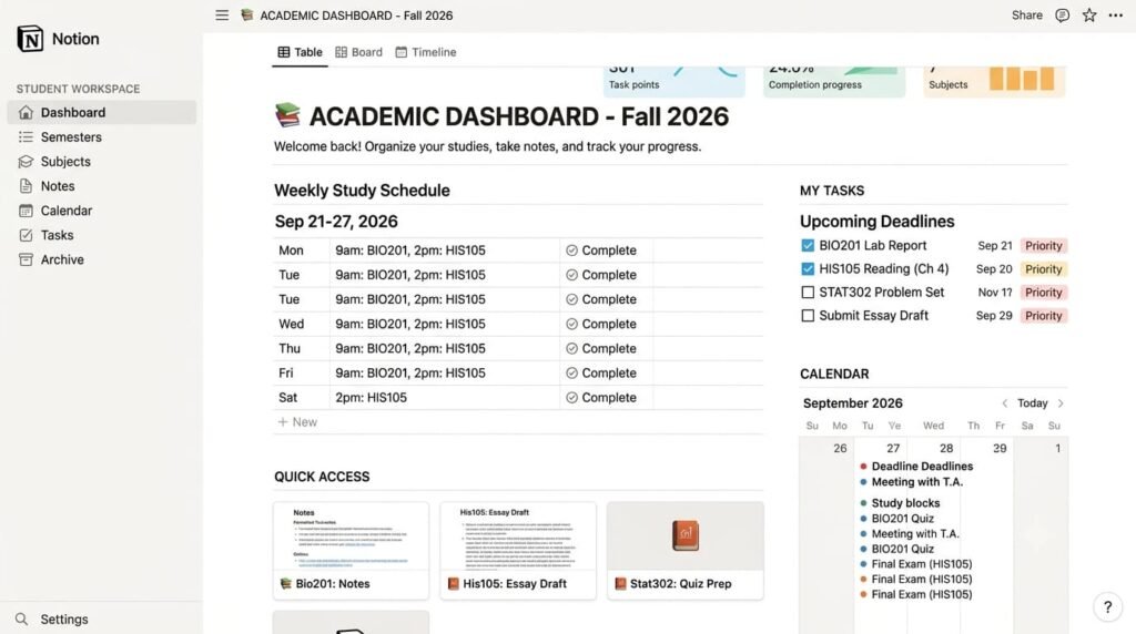 Notion interface for student productivity