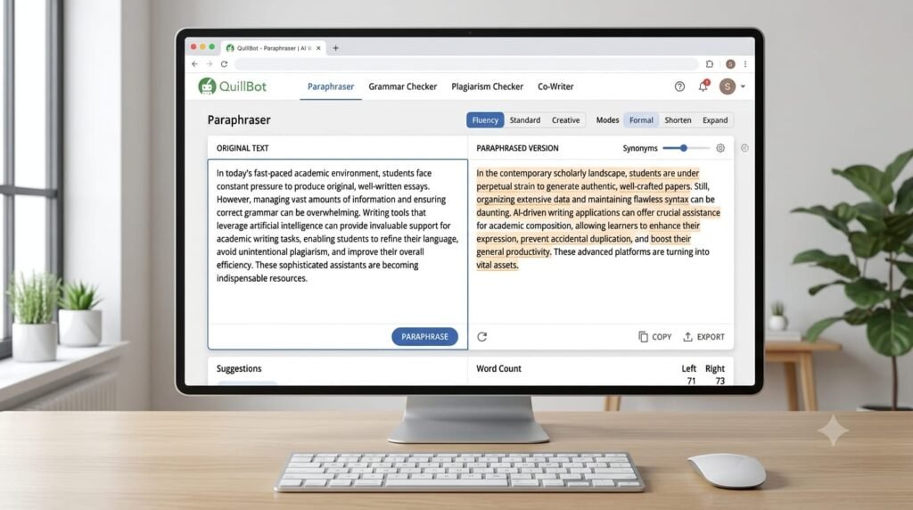 QuillBot interface for writing and paraphrasing