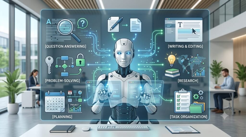 AI assistant helping with writing research planning and problem-solving