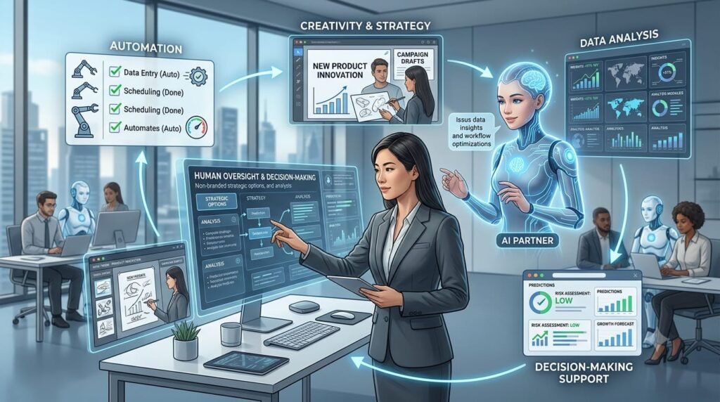 Human and AI working together to improve productivity and decision-making