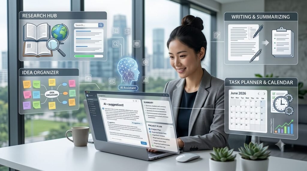 individual using AI to improve productivity through research, writing and task planning