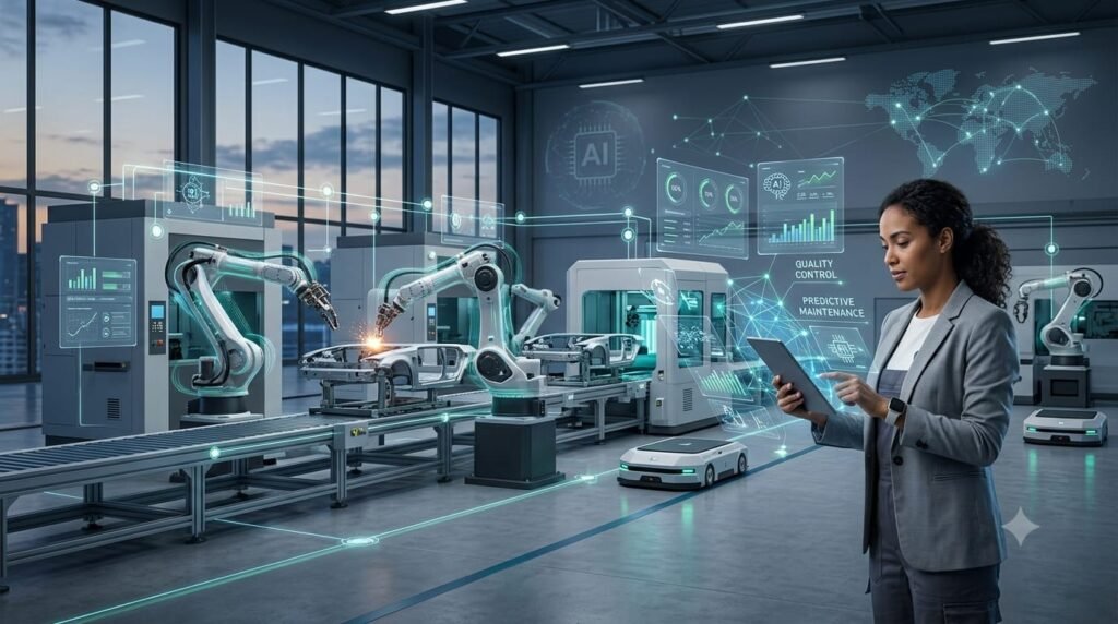 AI in manufacturing with smart factory robots and artificial intelligence