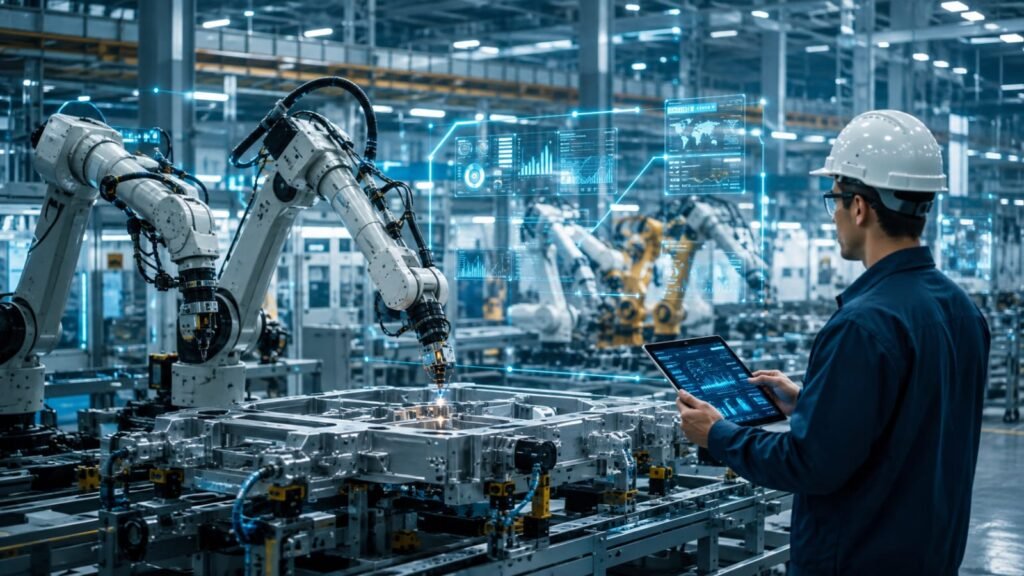 AI-powered industrial robots working with a human engineer in a smart factory