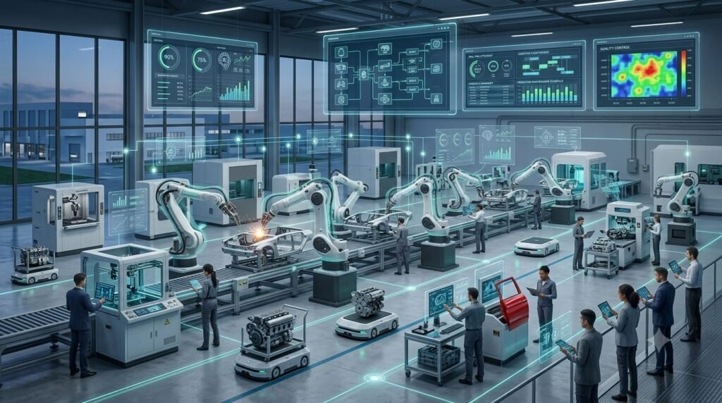 AI-powered smart factory with automated production lines and industrial robots
